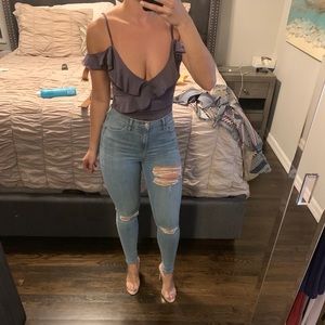 Mystique: Purple Off the Shoulder Frill Bodysuit